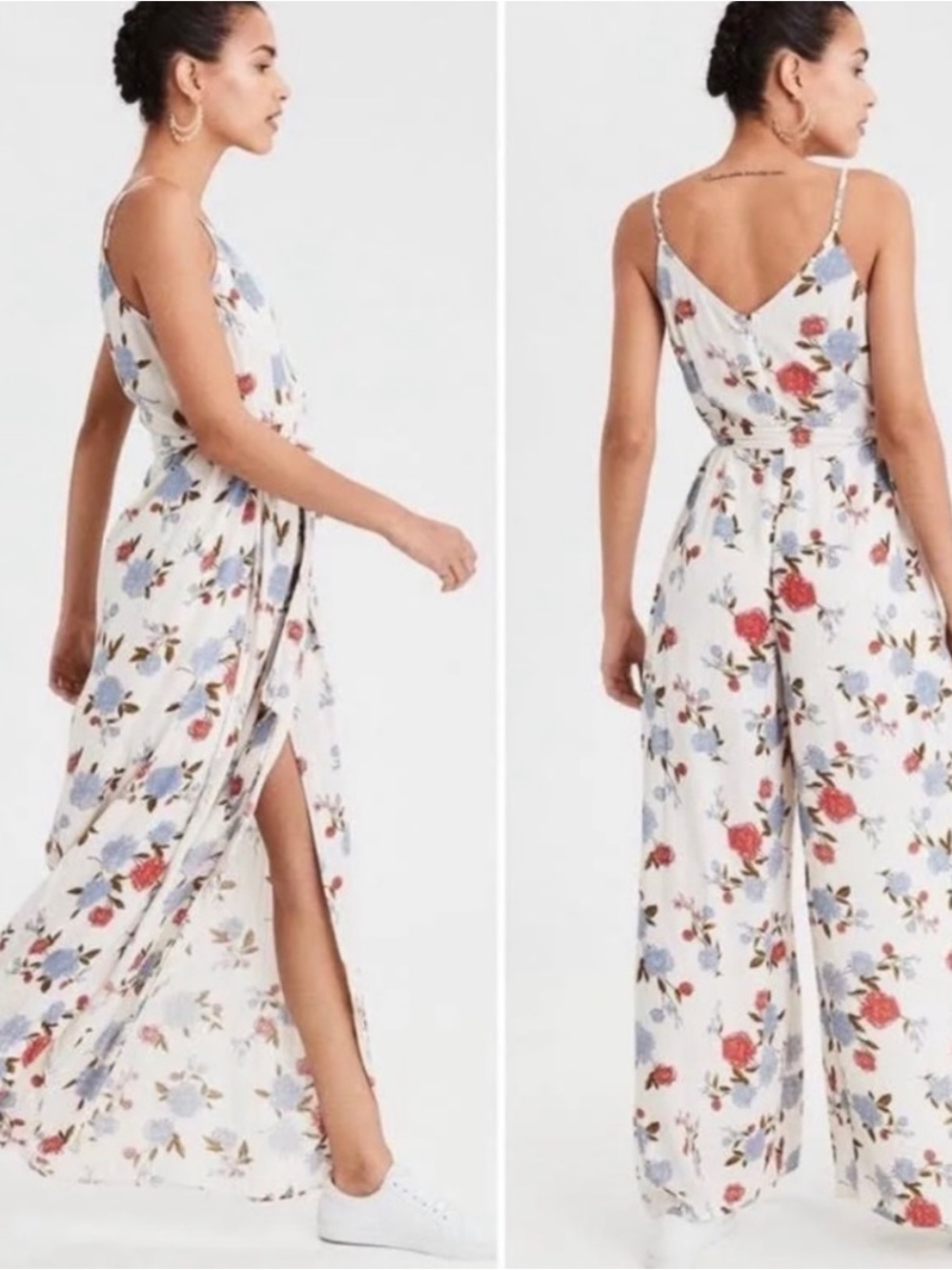 American Eagle Floral Wide-Leg with Slits Jumpsuit Ivory